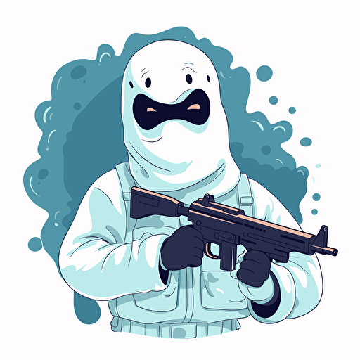 vector drawing of cute ghost holding a gun and wearing a ski mask,