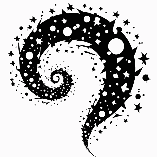 simple small spirals of shooting stars wrap around a thick question mark, black and white, vector, flat, svg