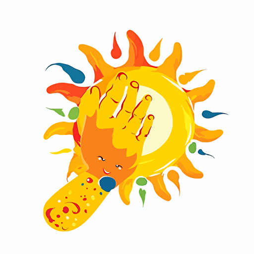 fingerpainting of the eclipsed sun to form the shape of a C, with rays, white background, orange and yellow colors only, bright, cheerful, iconic, finger paints, hand paints, hand painting, finger painting, beautiful, children's painting, kid's painting, happy, vector, flat 2d, company logo, contour style