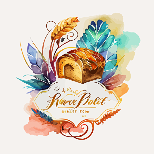 vector logo featuring baked goods such as a cake, a loaf of bread and a cookie, 5 vibrant watercolor colours, elegant, in the style of art nouveau against a white background