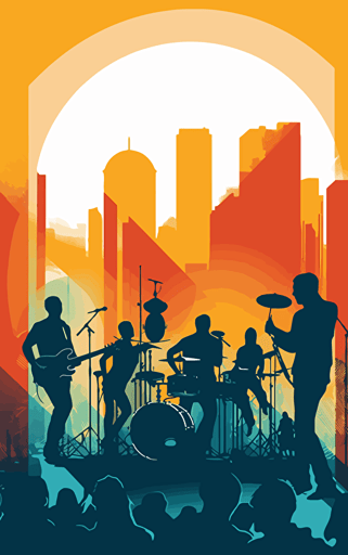low contrast vector design using bright primary colours of a band performing on the big stage in the city, sunny bright day