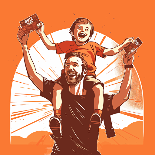 vector art, dad eating an energy bar, kids hanging off his arms