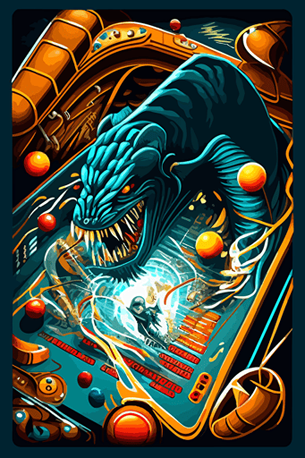 1980 pinball playfield art, gorilla fighting a shark, vector style