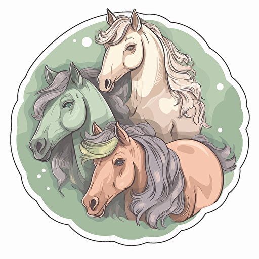 horses, Sticker, Adorable, Muted Color, light art style, Contour, Vector, White Background, Detailed