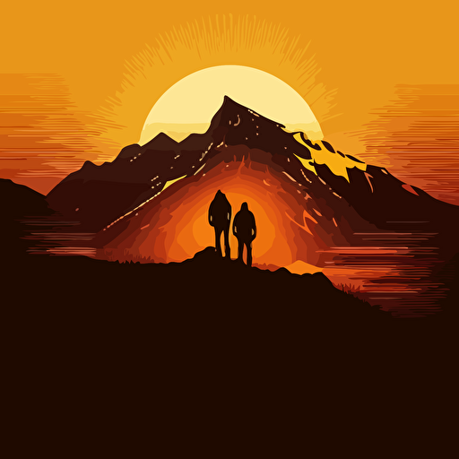vector illustration. Giant sun setting behind mountain. Silhouettes and sun rays. Two small people wearing hiking great, in the foreground