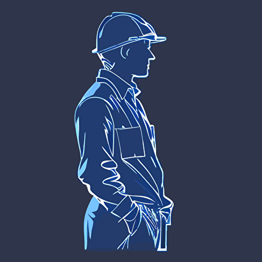 silhoette of professional tradesman, blue color, gray background, simple design, vector style, white outline over silhouette