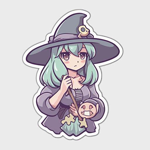 witchy, Sticker, Adorable, Muted Color, Yugioh Design, Contour, Vector, White Background, Detailed