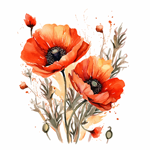 watercolor vector illustration boho line poppies sticker white background