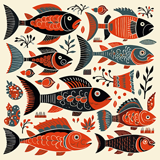 Folk art flash sheet, warm color palette, vector, sixteenth century fish
