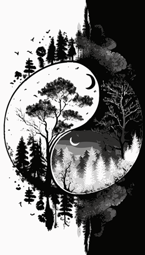 yin and yang ☯️, with copy space, logo design, nature, forest, black and white, abstract, vector art, minimalistic