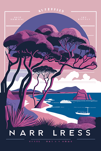 flat vector art illustration | travel poster featuring | Port Stephens Heads| Pastel blues, pinks, and purples | Wide Angle