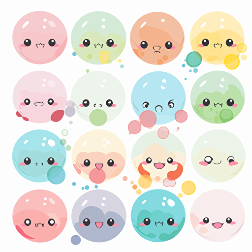 Kawaii bubbles, flat, 2D, vector, 16 colors, white background, in anime chibi style