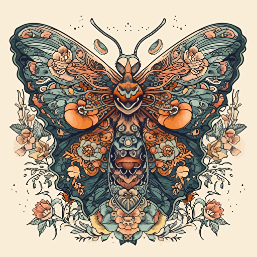 a beautiful moth with a surrounding floral design in detailed drawing style + simple vector + bright colors on a white background