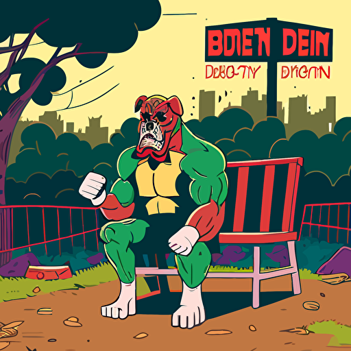 a human boxer dog mascot in street clothes, sitting in a chair facing front in the middle of the scene, in a vacant area, in the woods, large hill/mound in background, abandoned, large broken signage, shrubs, trees, bushes, roses, with a city landscape in the background, broken carnival rides, a demon spirit looking over the broken signage, vector logo, vector art, cartoon