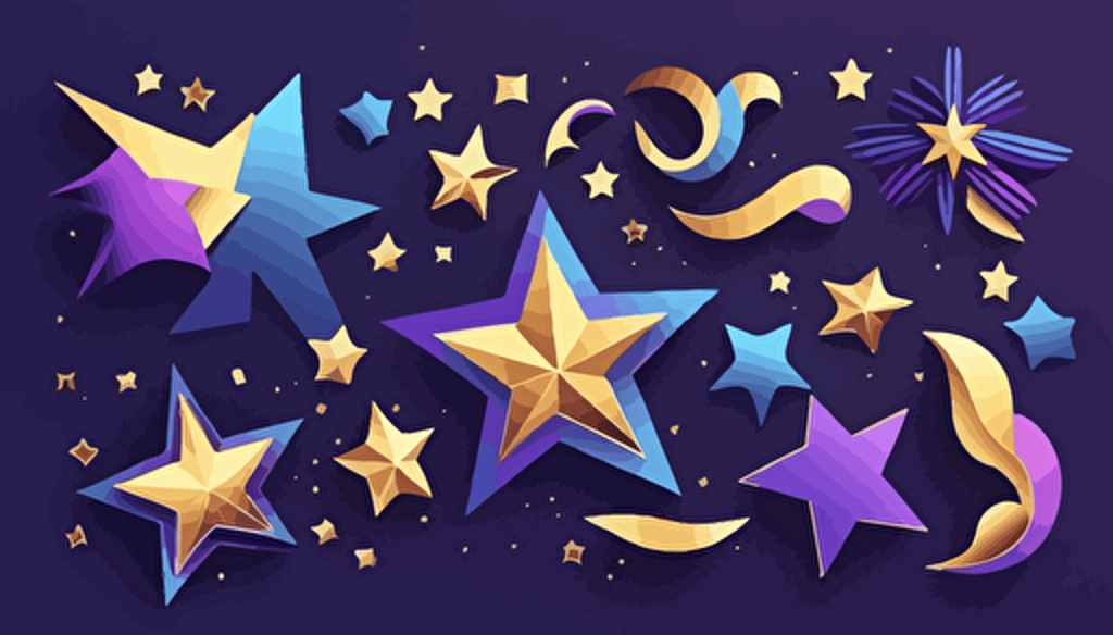 bright gradient palette blue purple gold star shapes are on a lighter background, in the style of hand-drawn animation, high fidelity vector illustration, sparse backgrounds, cut and paste, flattened perspective, simplified shapes