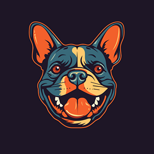 A vector logo of a french bulldog smiling, tongue out for a dog grooming business, happy, simple, memorable, invoking excitement, lively, imaginative, friendly, playful, red, yellow, orange