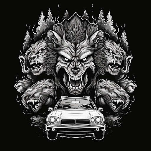 a clean black and white vector design of a burning police car surrounded by three werewolves