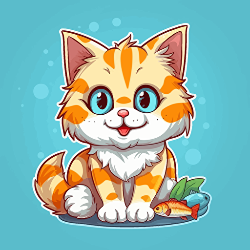 cute cat eating fish, in Cartoon Style, vector , borders for a Sticker