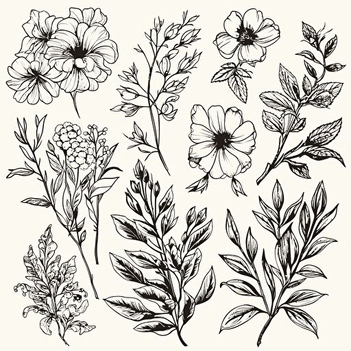 clip art, flowers with branches and leafs, black linework, vector, white background, variations,