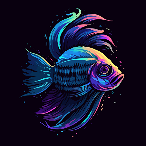 simple 2D vector art logo, stylized design, colourful beta fish with focus on light violet, blue and black colors, shades of indigo colours, with shadows, neon glow, pure black background, fish looking to the right side