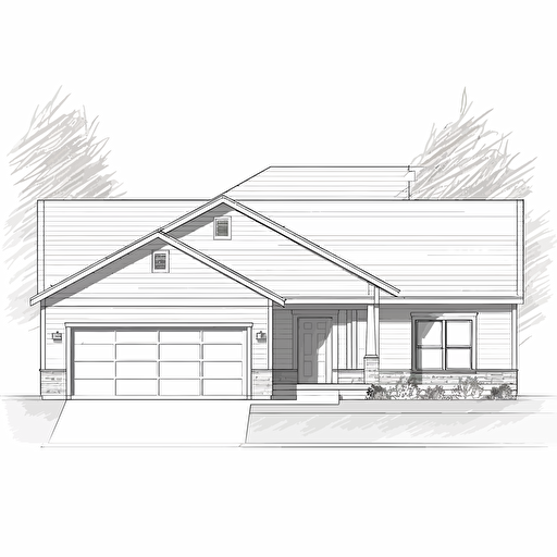 single family home floor plan, simple vector drawing, 3 bedroom, 2 bath, 2 car garage, covered rear porch