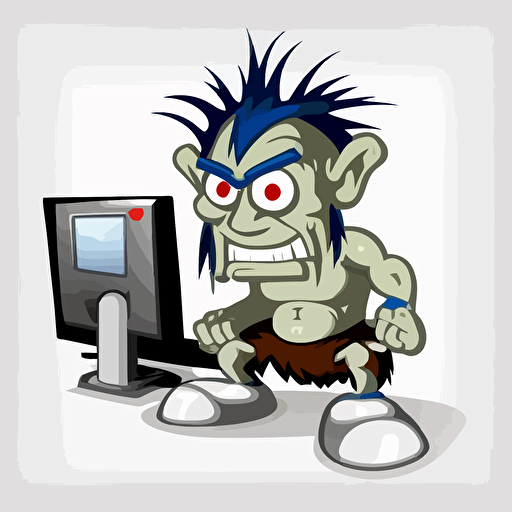 troll using a computer, vector logo, vector art, emblem, simple cartoon, 2d, no text, white background