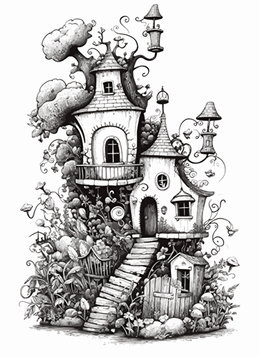 simple vector drawing outline of a whimsical garden