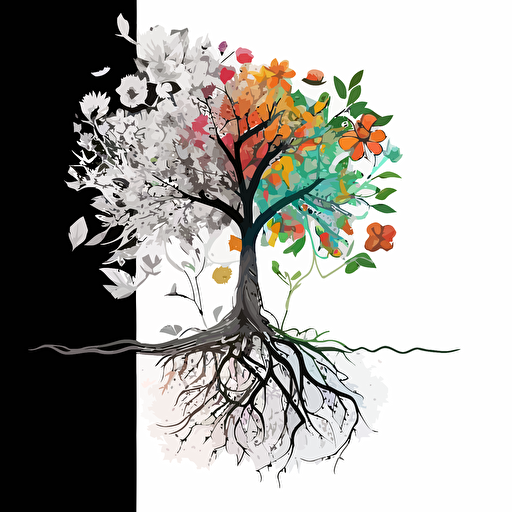 black and white line, vector, clean, colored by a toddler, flowers connected by roots, family tree