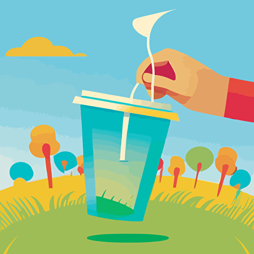 2d vector illustration of a hand dropping a clear cup into a receptacle, grass, blue sky, wrist band, signage