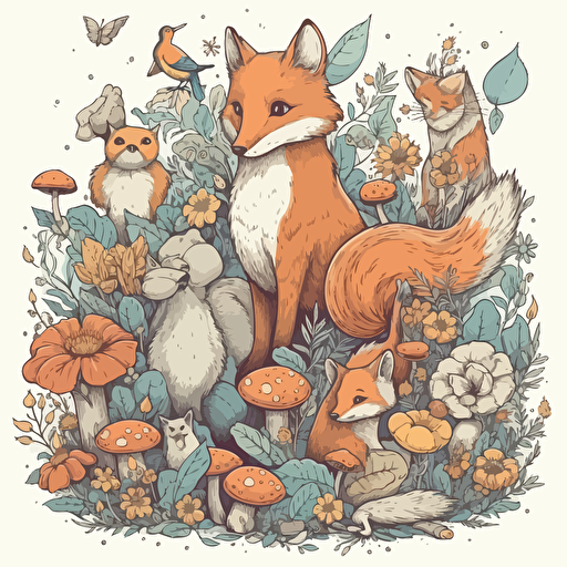 a beautiful group of fairycore soft woodland animals with a surrounding floral design in detailed drawing style + simple vector + bright colors on a white background