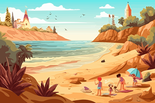 the beautiful view with the children relax and playing with the sand in the coast vector