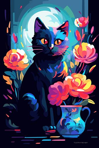 colorful svg vector drawing of a beautiful cat sitting near a vase full of flowers