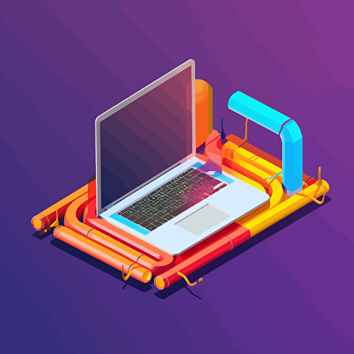 bright and colorful vector image showing a buch of pipes connected to a latop sitting on a desk