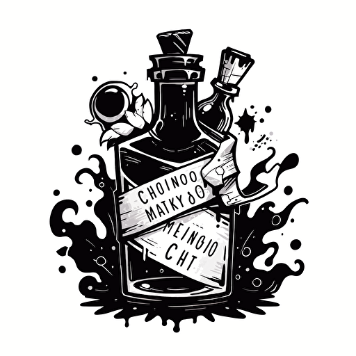 a logo design of a ink bottle full of chaos, black and white, minimialist, quirky, logo, design, vector design