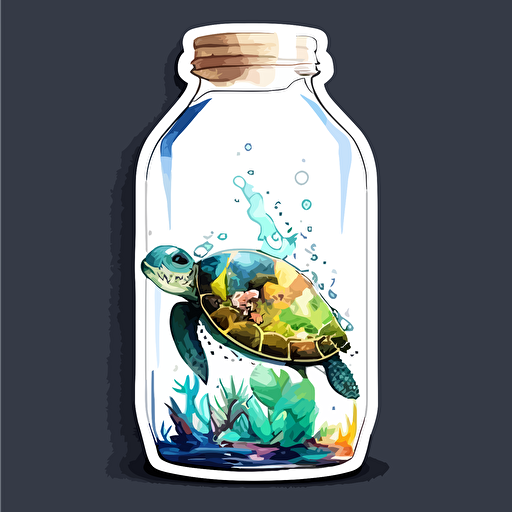 sticker, a turtle in a bottle, colorful, vector, white background s 1000