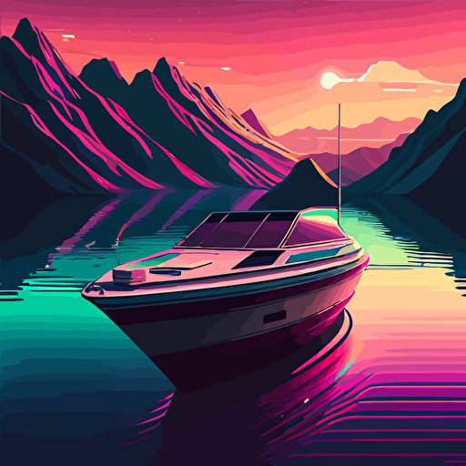 a boat, flat landscape, digital art, vector, long shadow, 45 degree point of view, by Grant Riven Yun , synthwave colors