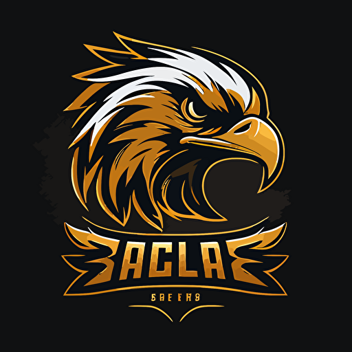 Simple 2D sports logo, vector of an eagle's head in royal, white and gold, designed in esports illustration style.