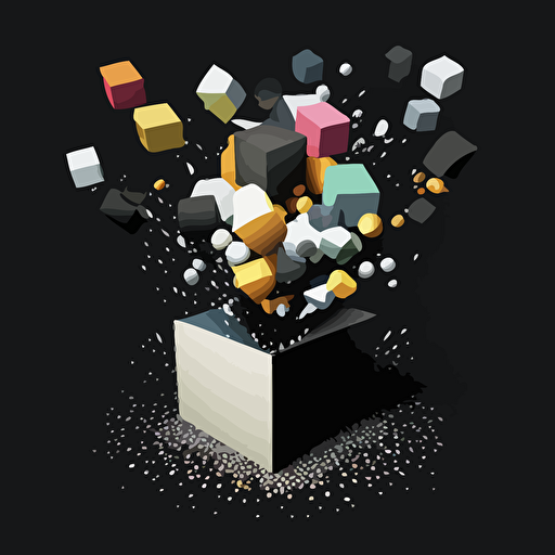 black background, vector art minimal, cudes that makes up a funnel, gray and black colors on the exterior print layer , delicacy, with smaler cube being released from the bottom of the fullen, interlayer of 1/2 size small muilti-colored cubes inside falling out of the cube, with different shades, black background, only cudes