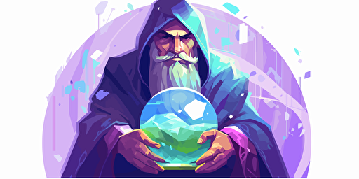 vector illustration designmilk of a good wizard looking into a crystal ball palette is purple, blue, and green, white background