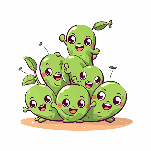 Cartoon vector style image of peas in a peapod that have a cute smile. White background.