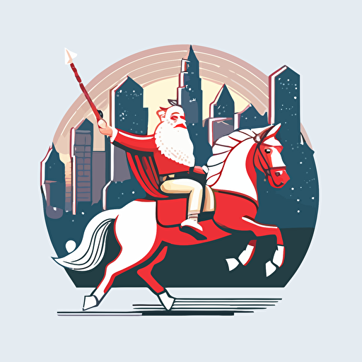 santa riding a unicorn in bad part of city, vector logo, vector art, emblem, simple cartoon, 2d, no text, white background