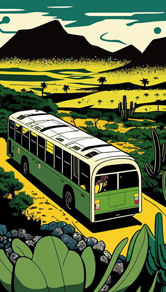 a panel from a Shōnen manga depicting a bus on a highway in mexico, green landscape, extreme long shot, high angle scene, midday, color pop, flat vector art, bright colors, high resolution