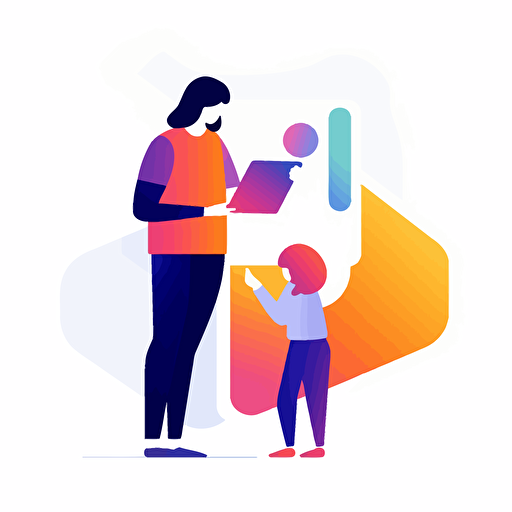 parent and child interacting with ipad, minimal coloful vector illustration png