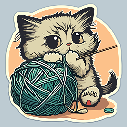 sticker anime style kitten playing with ball of yarn, vector art