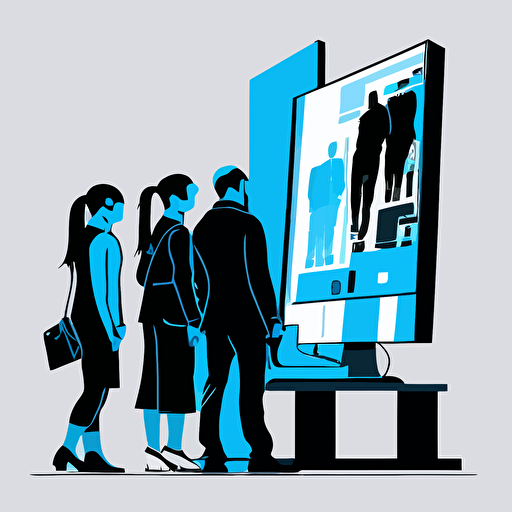 A minimalistic flat vector illustration of people buying in front of a computer, style: vector, iconic, ssilhouettes, only blue and black tones.