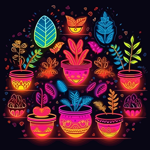 plant pots, surrounded by a circle of elegant leaf motifs, 2d vector, neon colors, epic composition