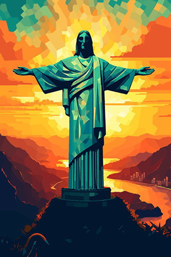 christ the redeemer, illustration, painting, bright lighting, sun in sky, front view, flat,vector