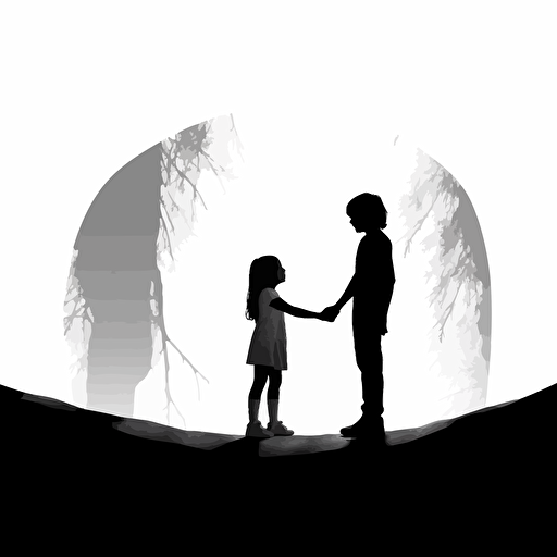 silhouette of a child and female holding hands faceing away. Simple, vector clean black and white.