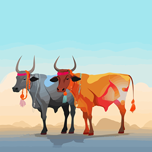 indian cows, they are decorated colorful, vivid, background light sky-blue and dark orange,vector illustration, detailed 2160p, minimalist