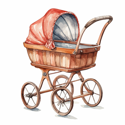 watercolor design of super cute wooden baby pram, detailed, vector